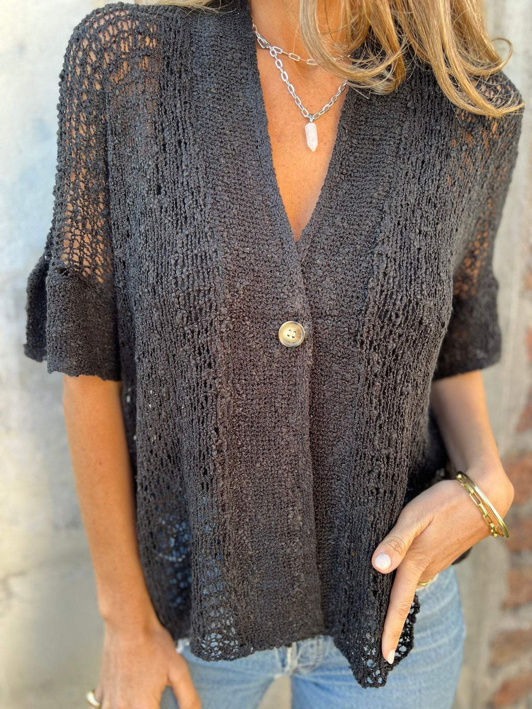 Aswyn | Women's Open Knit Short Sleeve Cardigan - Cream - Image 7