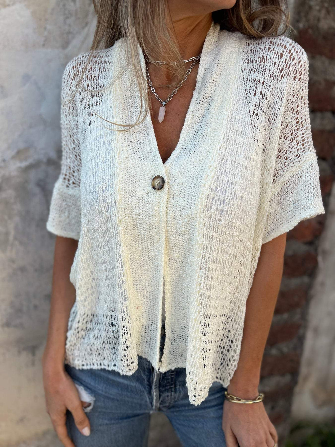 Aswyn | Women's Open Knit Short Sleeve Cardigan - Cream - Image 8