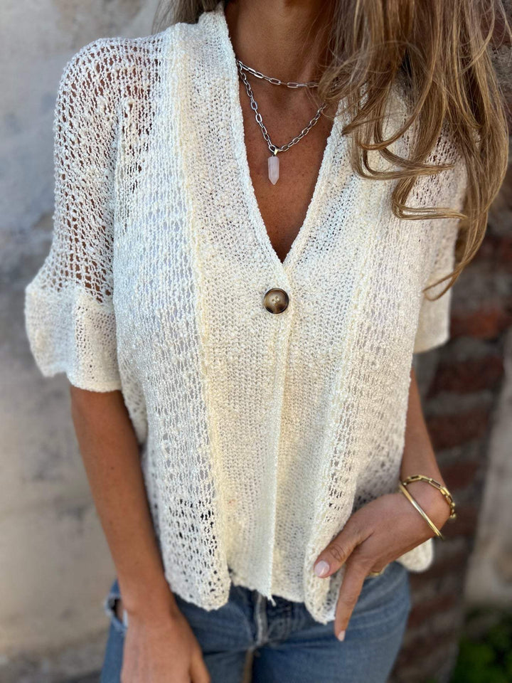 Aswyn | Women's Open Knit Short Sleeve Cardigan - Cream - Image 9