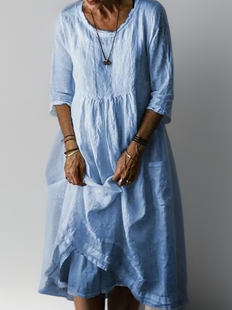 Aswyn | Women's Pleated Casual Midi Dress with 3/4 Sleeves - Sky Blue - Image 1