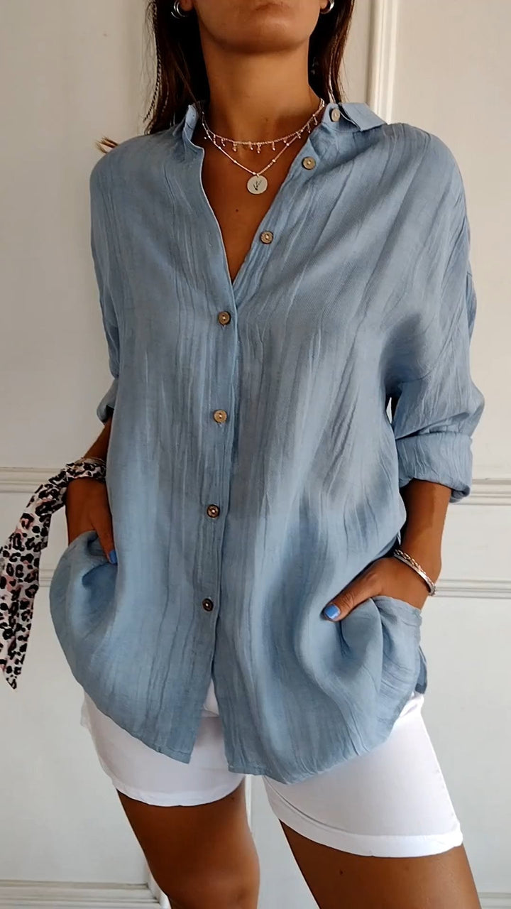 Aswyn | Women's Relaxed Button-Down Shirt Blouse - Light Blue - Image 1
