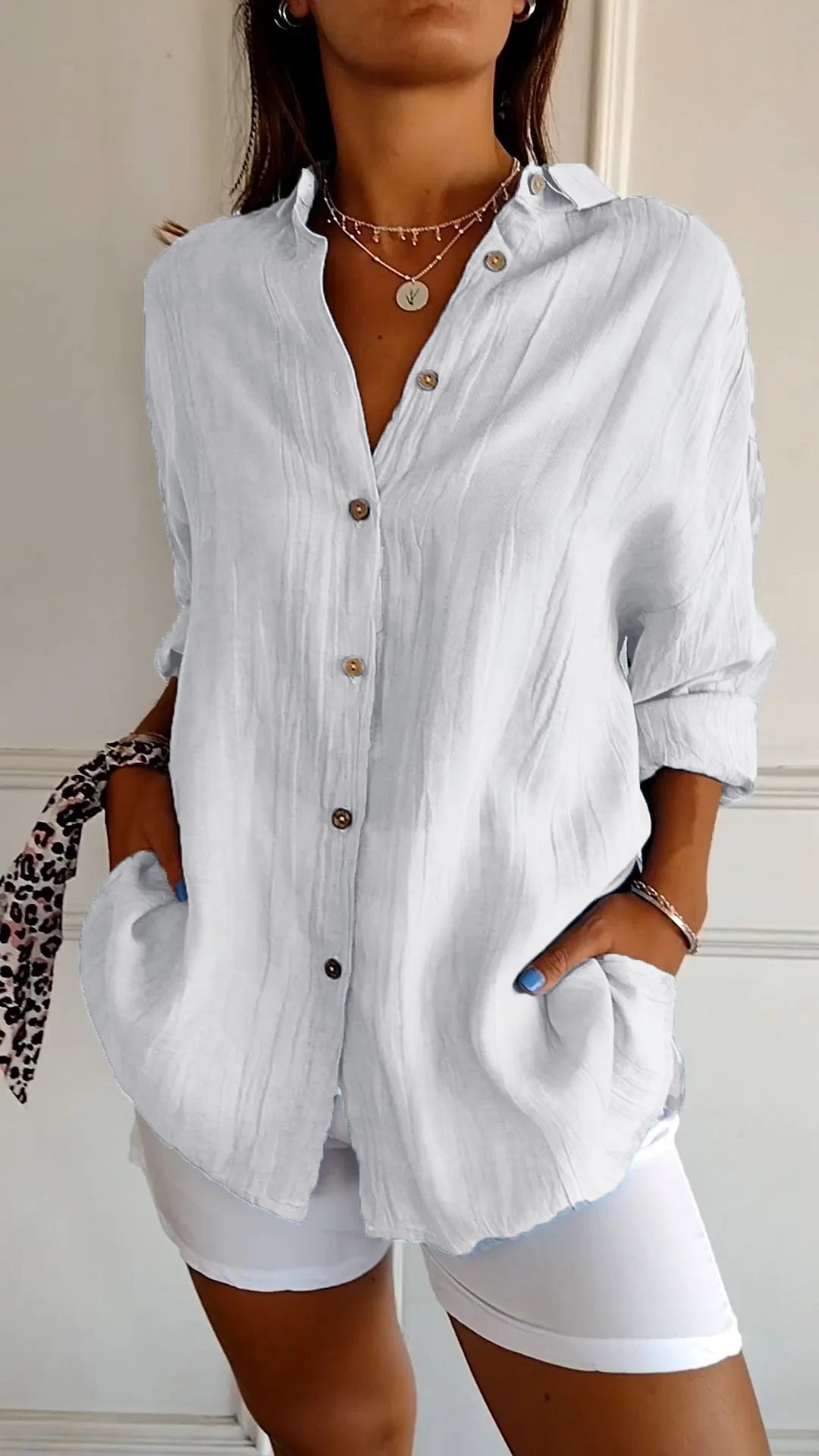 Aswyn | Women's Relaxed Button-Down Shirt Blouse - Light Blue - Image 12