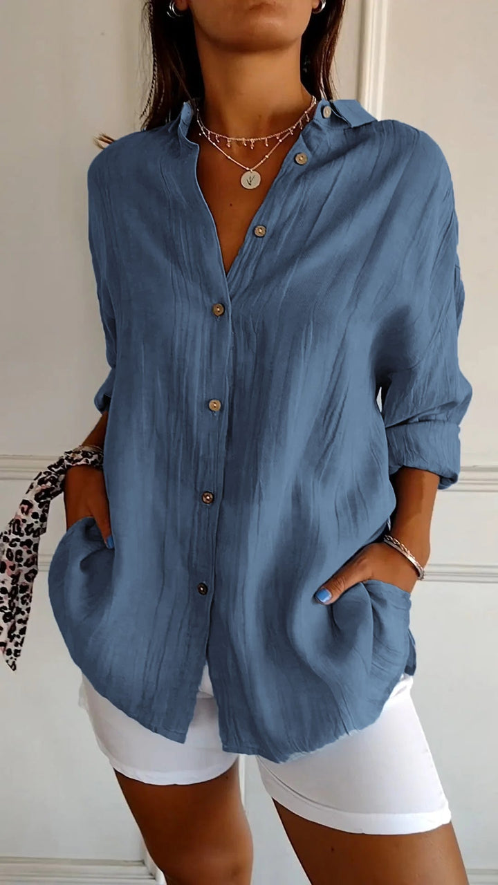 Aswyn | Women's Relaxed Button-Down Shirt Blouse - Light Blue - Image 5