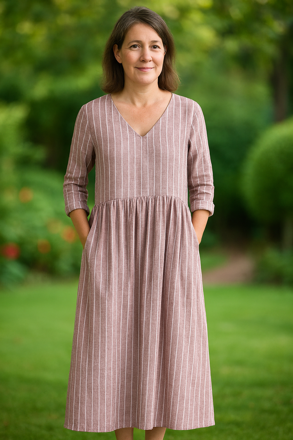 Aswyn | Women's Striped Gathered Midi Dress - Striped - Image 1