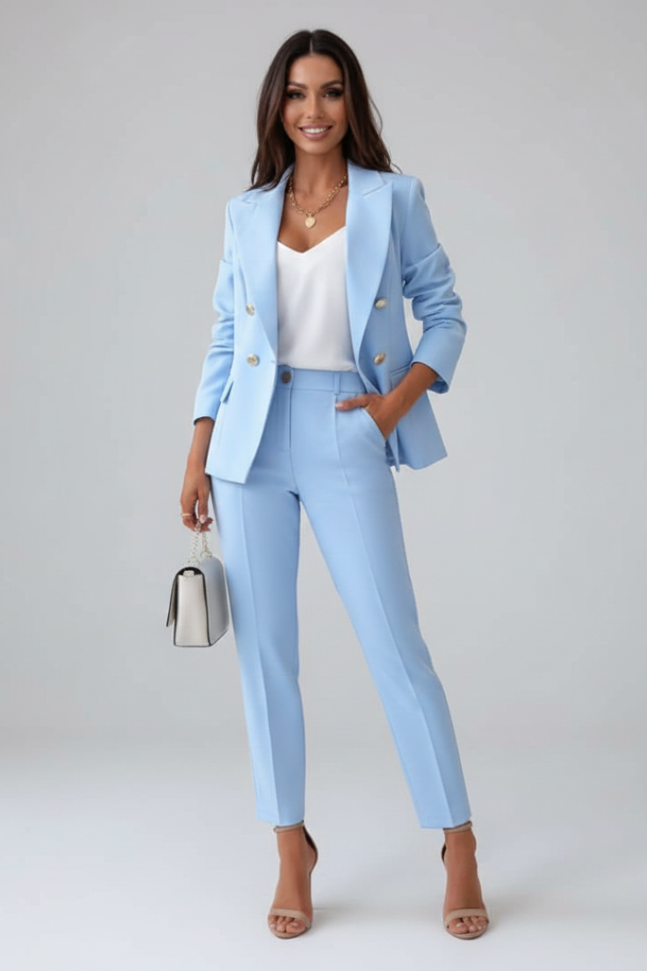 Aurelia | Women's Double Breasted Blazer Set - Light Blue - Image 2
