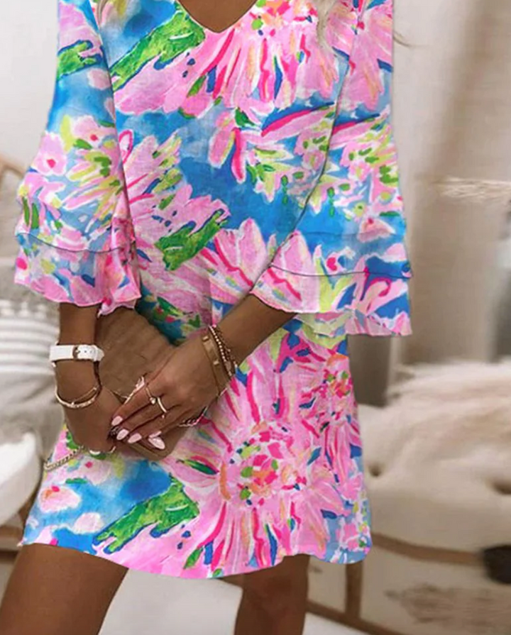 Aurelia | Women's Floral Print Mini Dress with Bell Sleeves - Image 2