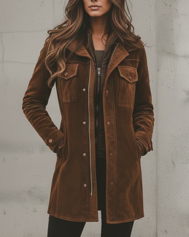 Aurelia | Women's Long Tailored Coat - Brown - Image 3
