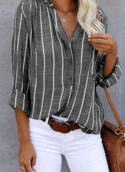 Aurelia | Women's Striped Long Sleeve Button-Up Blouse - Striped - Image 4