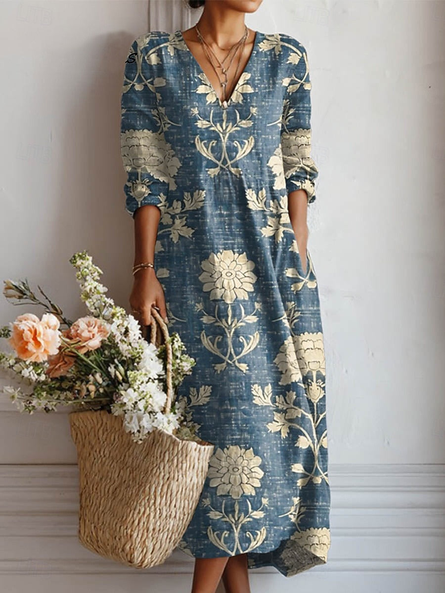Aurore | Women's Floral V-Neck Midi Dress - Blue - Image 1