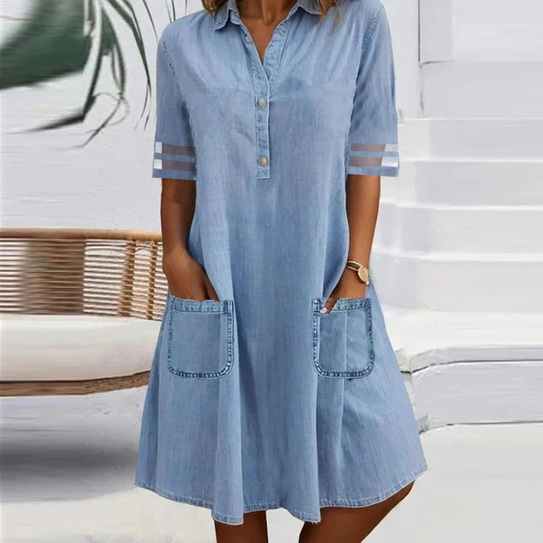 Aveline | Women's Denim-Look Shirt Dress with Pockets - Light Blue - Image 1