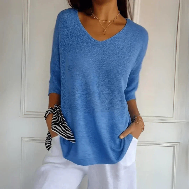 Aveline | Women's V-Neck Knit Sweater Top - Coral - Image 2
