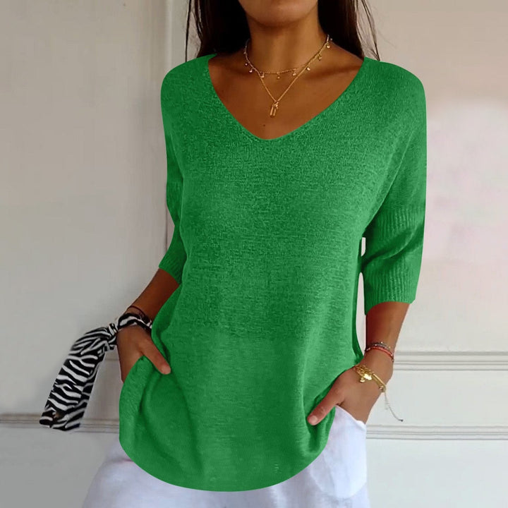 Aveline | Women's V-Neck Knit Sweater Top - Coral - Image 3