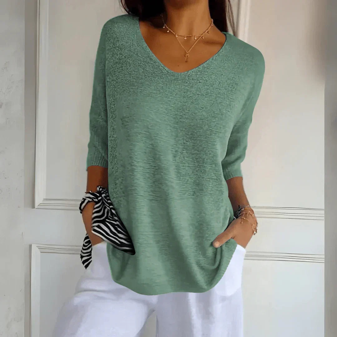 Aveline | Women's V-Neck Knit Sweater Top - Coral - Image 4