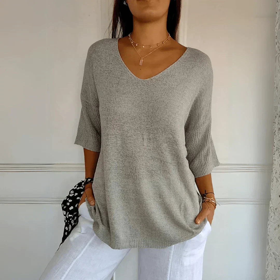 Aveline | Women's V-Neck Knit Sweater Top - Coral - Image 9