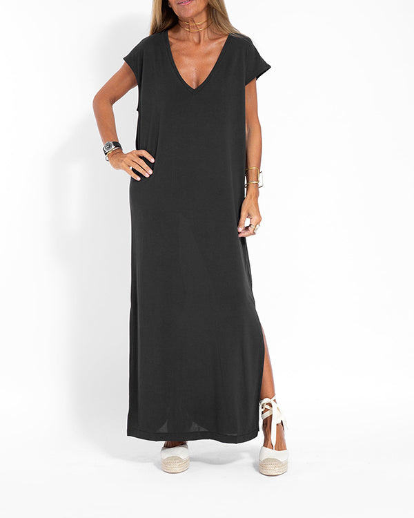 Vera | Women's V-Neck Short Sleeve Maxi Dress Side Slit Loose