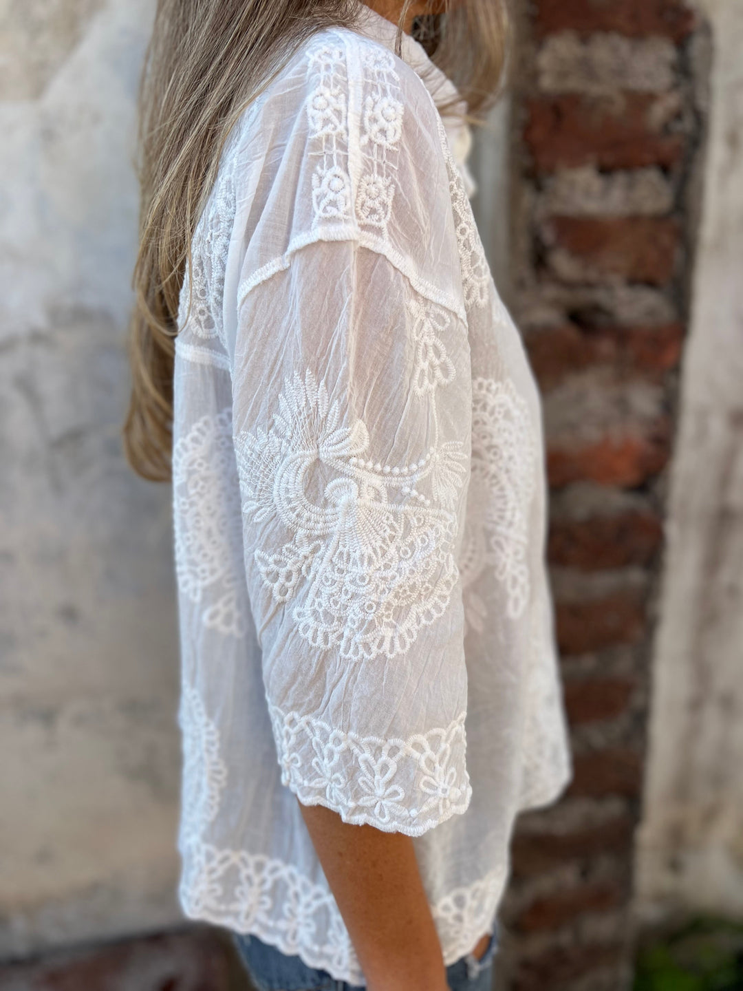 Belle | Women's Lace Embroidered Button Up Blouse 3/4 Sleeve