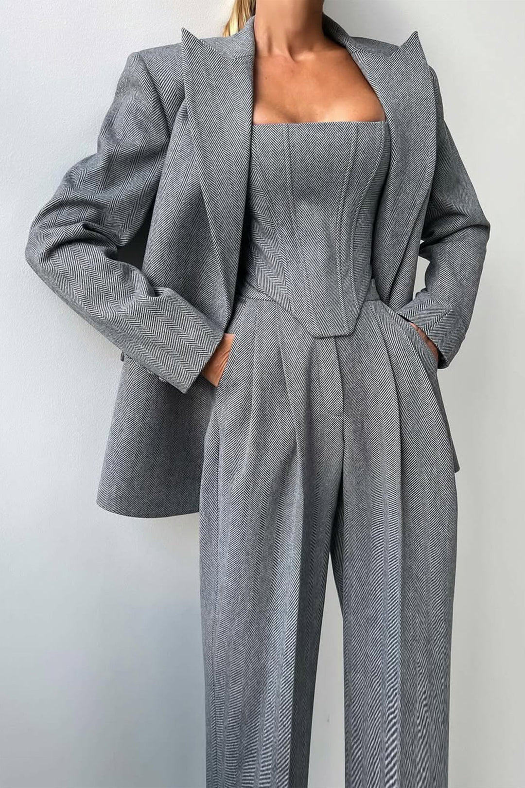 Bellamy | Women's Three Piece Herringbone Suit Set - Grey - Image 1