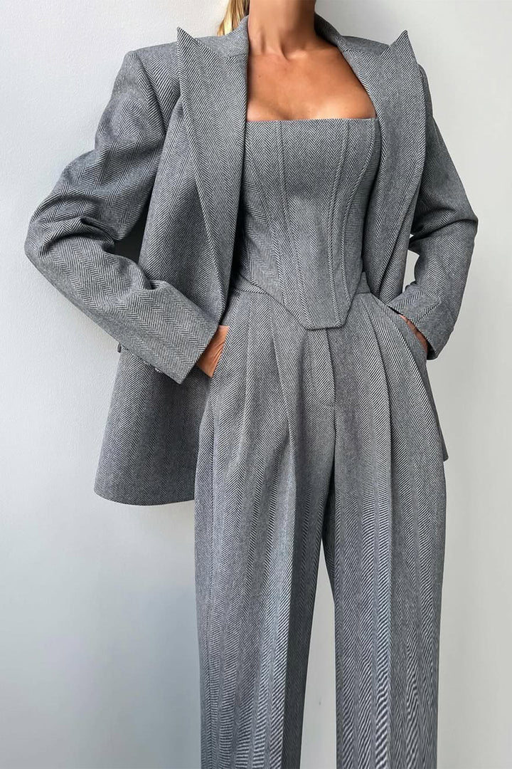 Bellamy | Women's Three Piece Herringbone Suit Set - Grey - Image 1