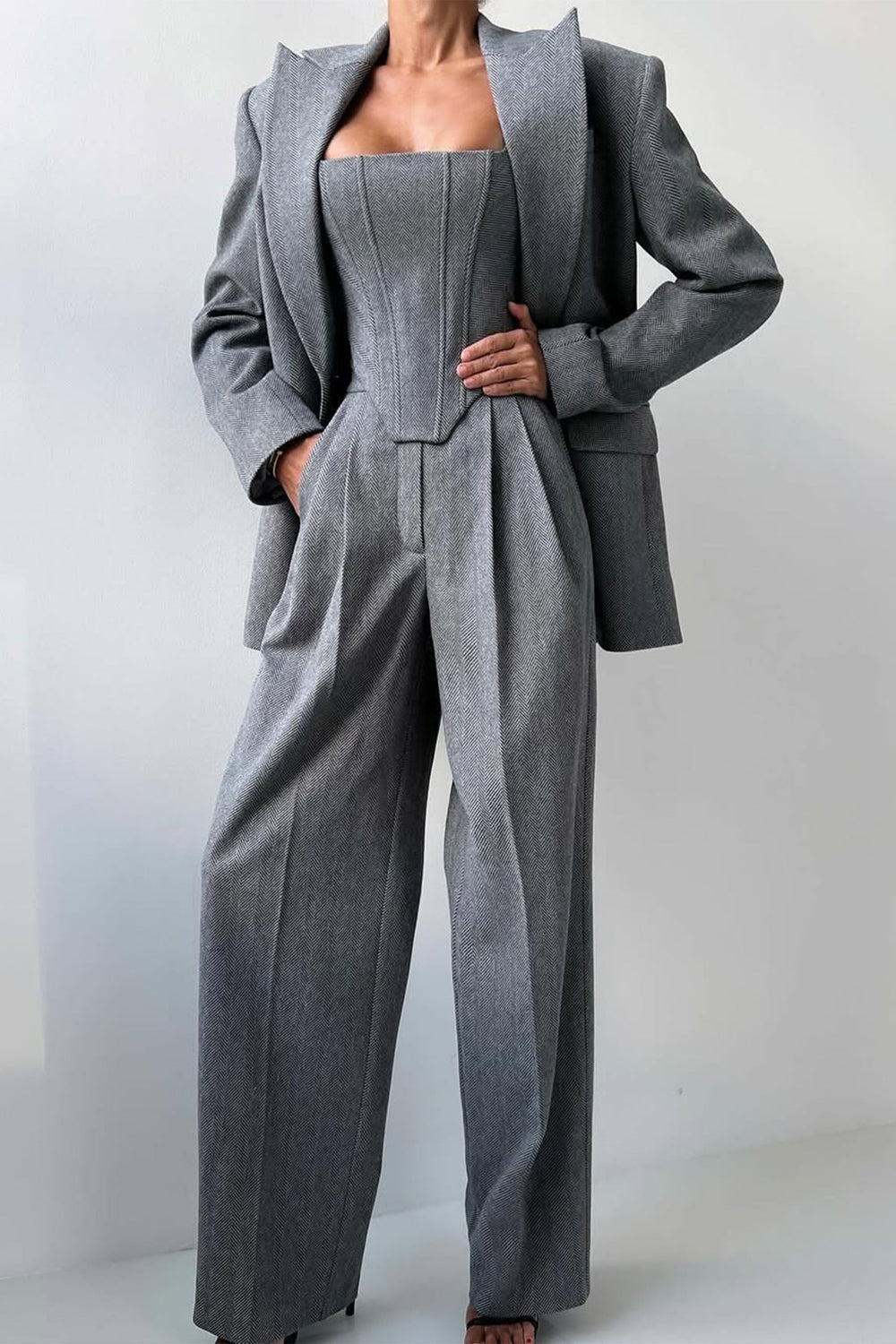 Bellamy | Women's Three Piece Herringbone Suit Set - Grey - Image 2