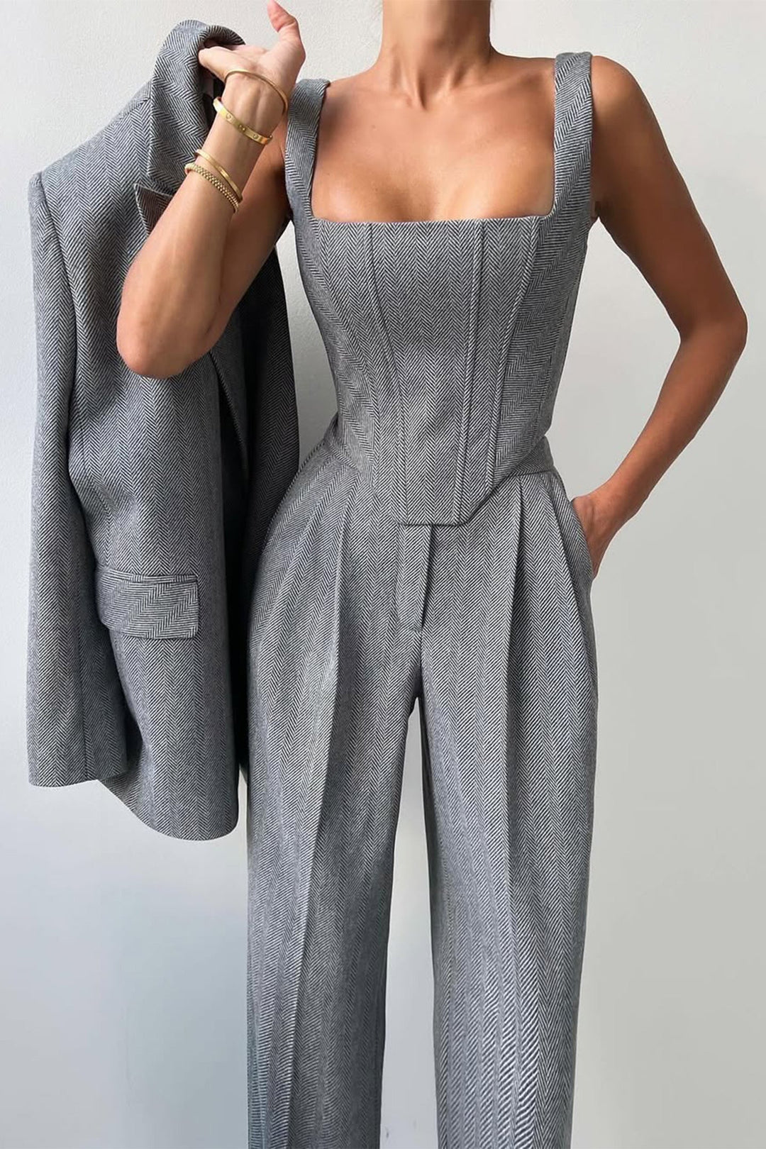 Bellamy | Women's Three Piece Herringbone Suit Set - Grey - Image 3