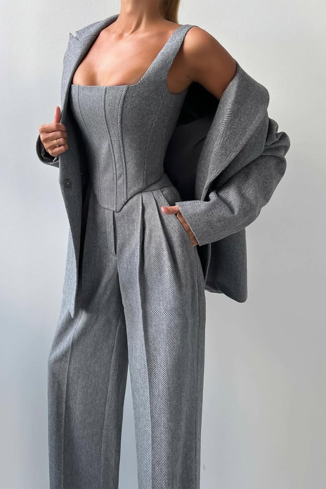 Bellamy | Women's Three Piece Herringbone Suit Set - Grey - Image 5