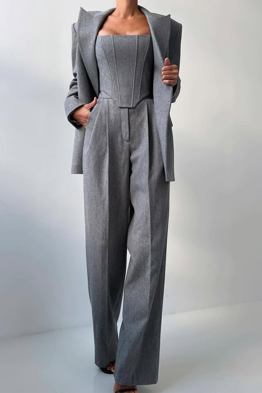 Bellamy | Women's Three Piece Herringbone Suit Set - Grey - Image 6