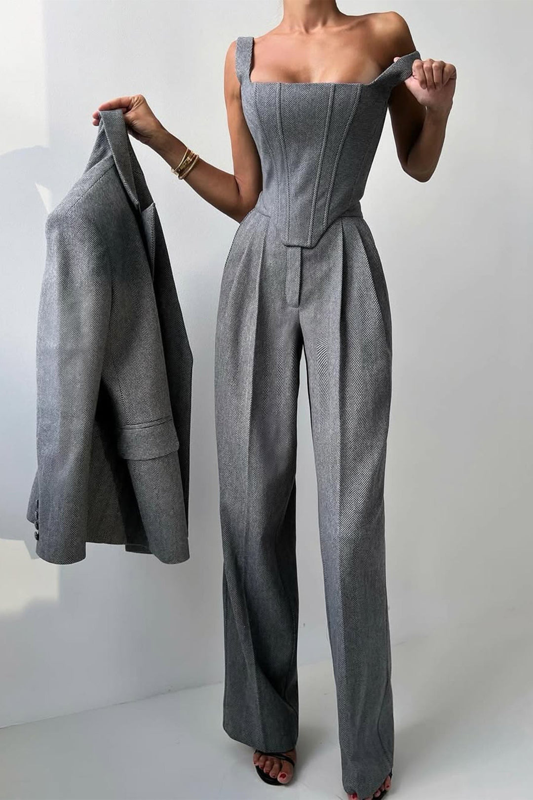 Bellamy | Women's Three Piece Herringbone Suit Set - Grey - Image 7