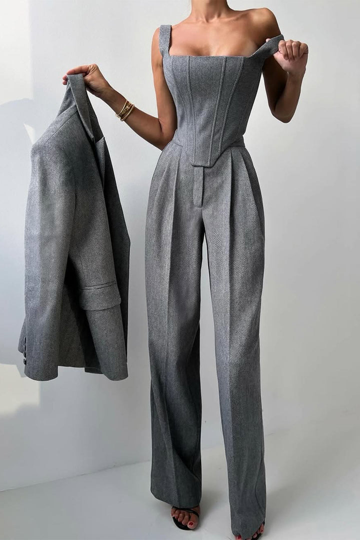 Bellamy | Women's Three Piece Herringbone Suit Set - Grey - Image 7