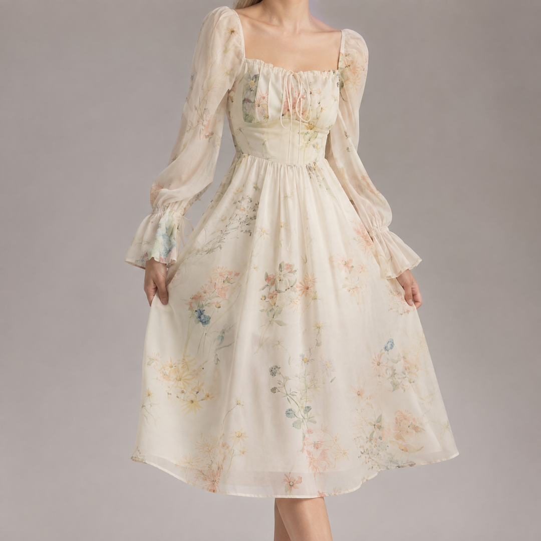 Belvaine | Women's Wedding Guest Dress Floral Midi - Cream - Image 1
