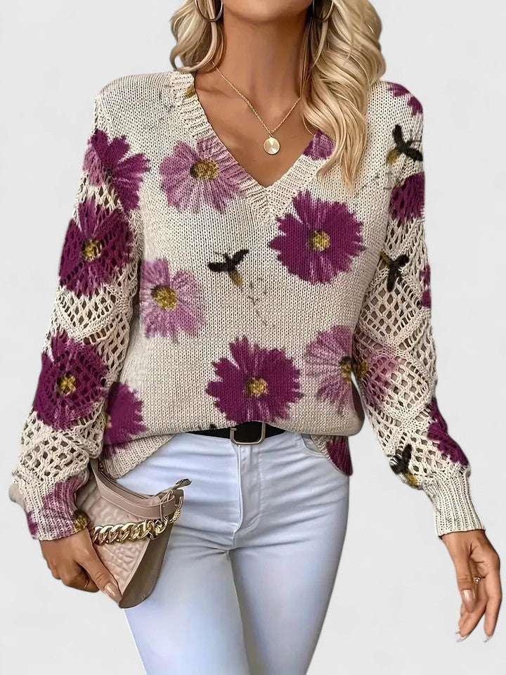 Bonnie | Women's Floral V-Neck Long Sleeve Sweater - Purple - Image 1