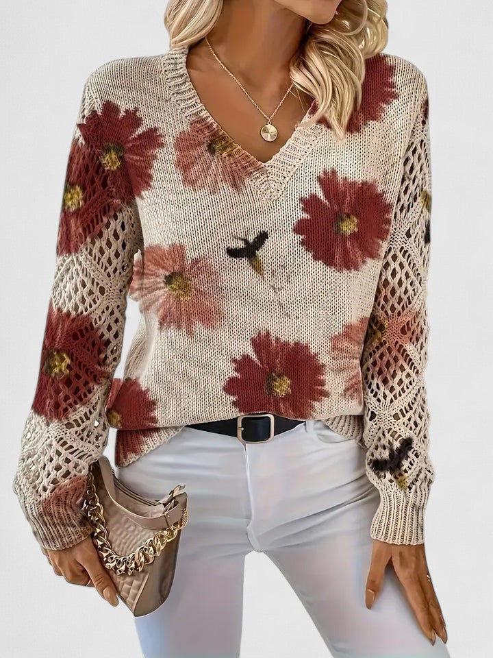 Bonnie | Women's Floral V-Neck Long Sleeve Sweater - Purple - Image 12