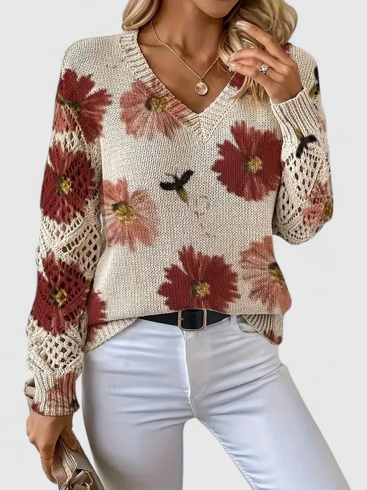 Bonnie | Women's Floral V-Neck Long Sleeve Sweater - Purple - Image 14