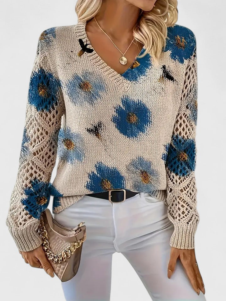 Bonnie | Women's Floral V-Neck Long Sleeve Sweater - Purple - Image 15