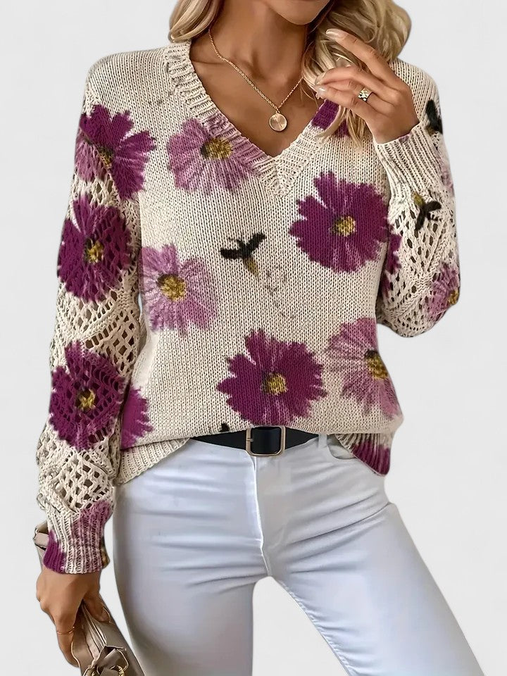 Bonnie | Women's Floral V-Neck Long Sleeve Sweater - Purple - Image 16