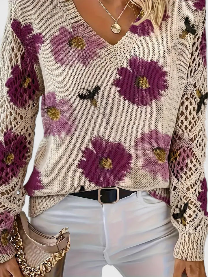 Bonnie | Women's Floral V-Neck Long Sleeve Sweater - Purple - Image 2