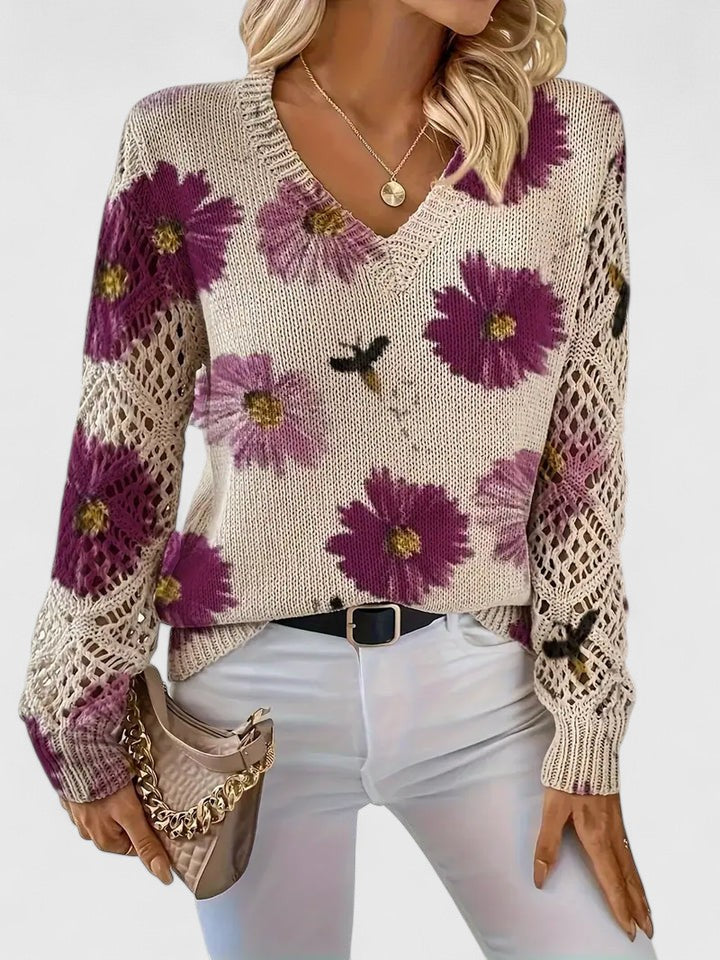 Bonnie | Women's Floral V-Neck Long Sleeve Sweater - Purple - Image 3