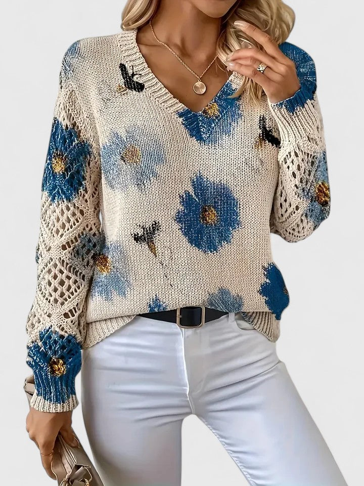 Bonnie | Women's Floral V-Neck Long Sleeve Sweater - Purple - Image 4