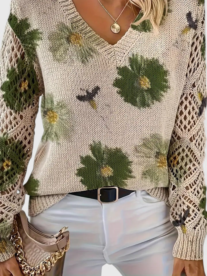 Bonnie | Women's Floral V-Neck Long Sleeve Sweater - Purple - Image 5