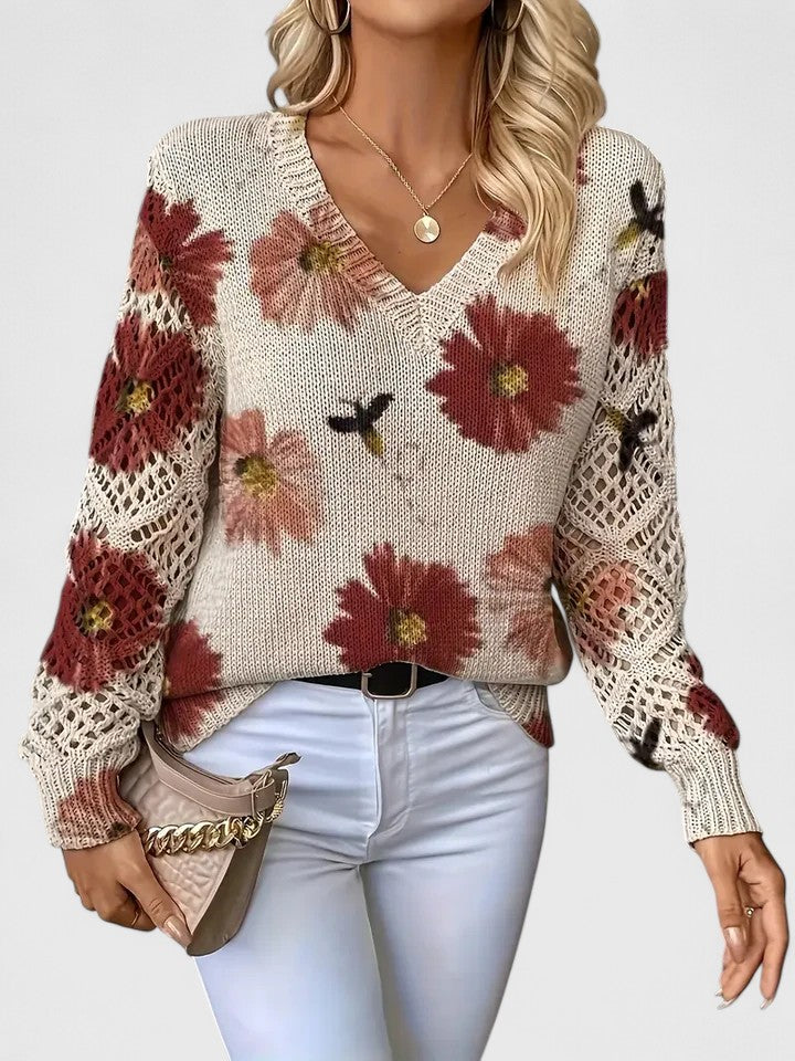 Bonnie | Women's Floral V-Neck Long Sleeve Sweater - Purple - Image 6