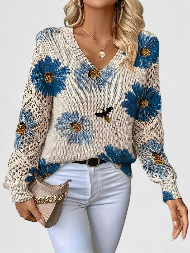 Bonnie | Women's Floral V-Neck Long Sleeve Sweater - Purple - Image 7