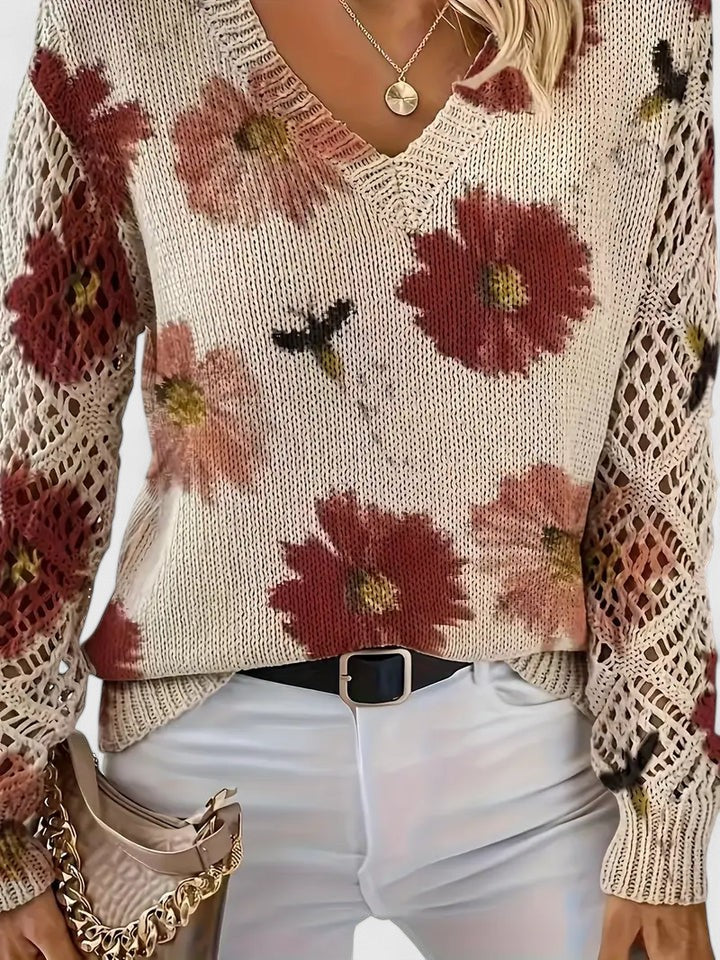 Bonnie | Women's Floral V-Neck Long Sleeve Sweater - Purple - Image 8