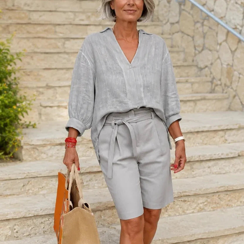 Brindara | Women's Linen Shorts Two-Piece Set - Beige - Image 14