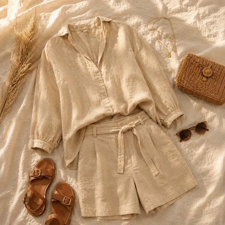 Brindara | Women's Linen Shorts Two-Piece Set - Beige - Image 7