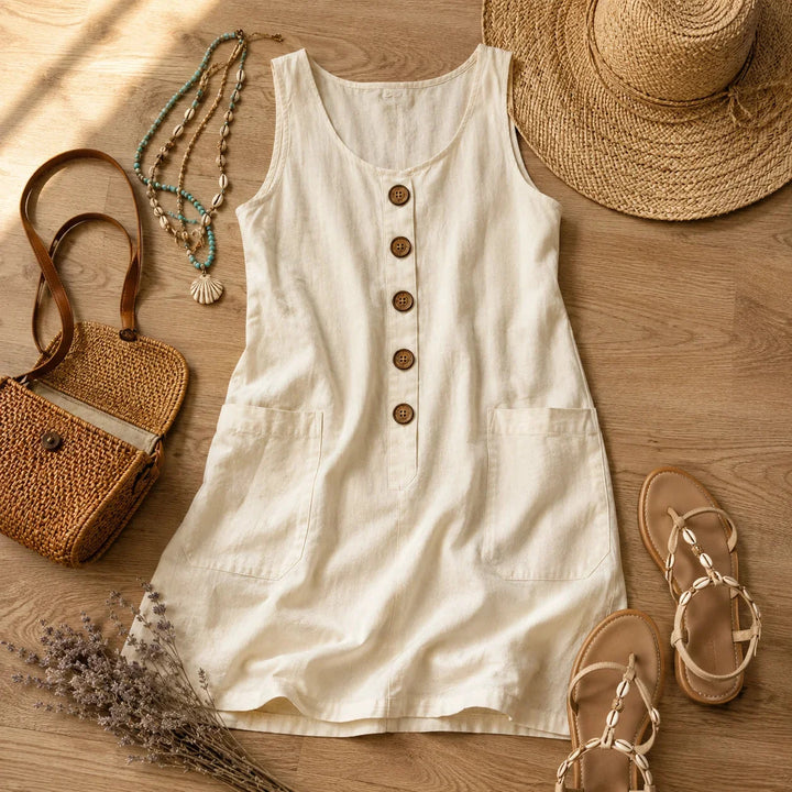 Brindara | Women's Sleeveless Button Front Pocket Dress - Cream - Image 6
