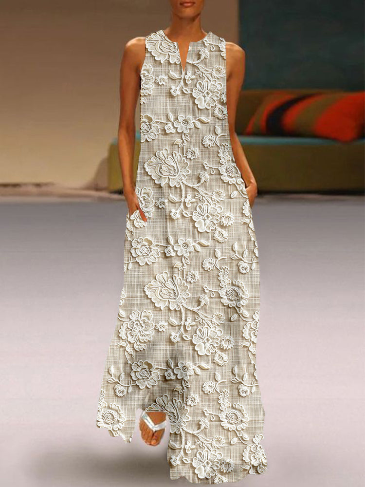 Brindava | Women's Floral Print Sleeveless Maxi Dress - Beige - Image 1