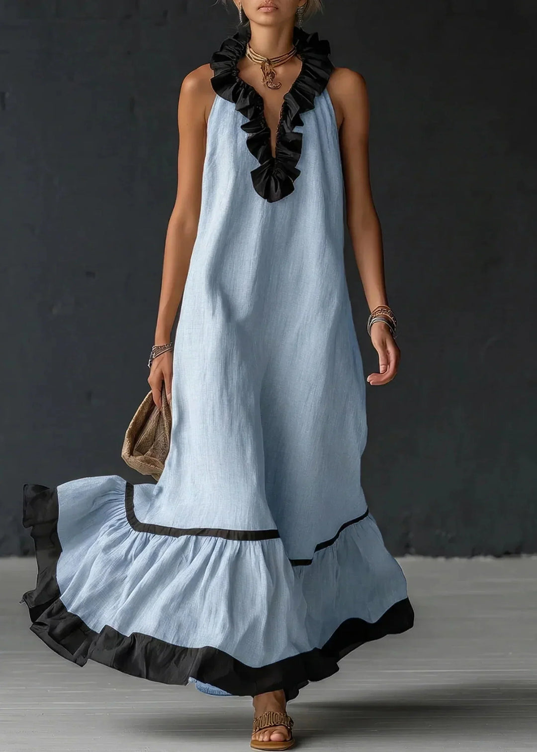 Brindave | Women's Linen Summer Maxi Dress Halter - Light Blue - Image 1