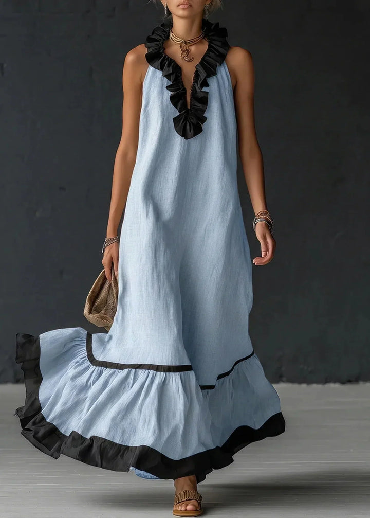 Brindave | Women's Linen Summer Maxi Dress Halter - Light Blue - Image 1