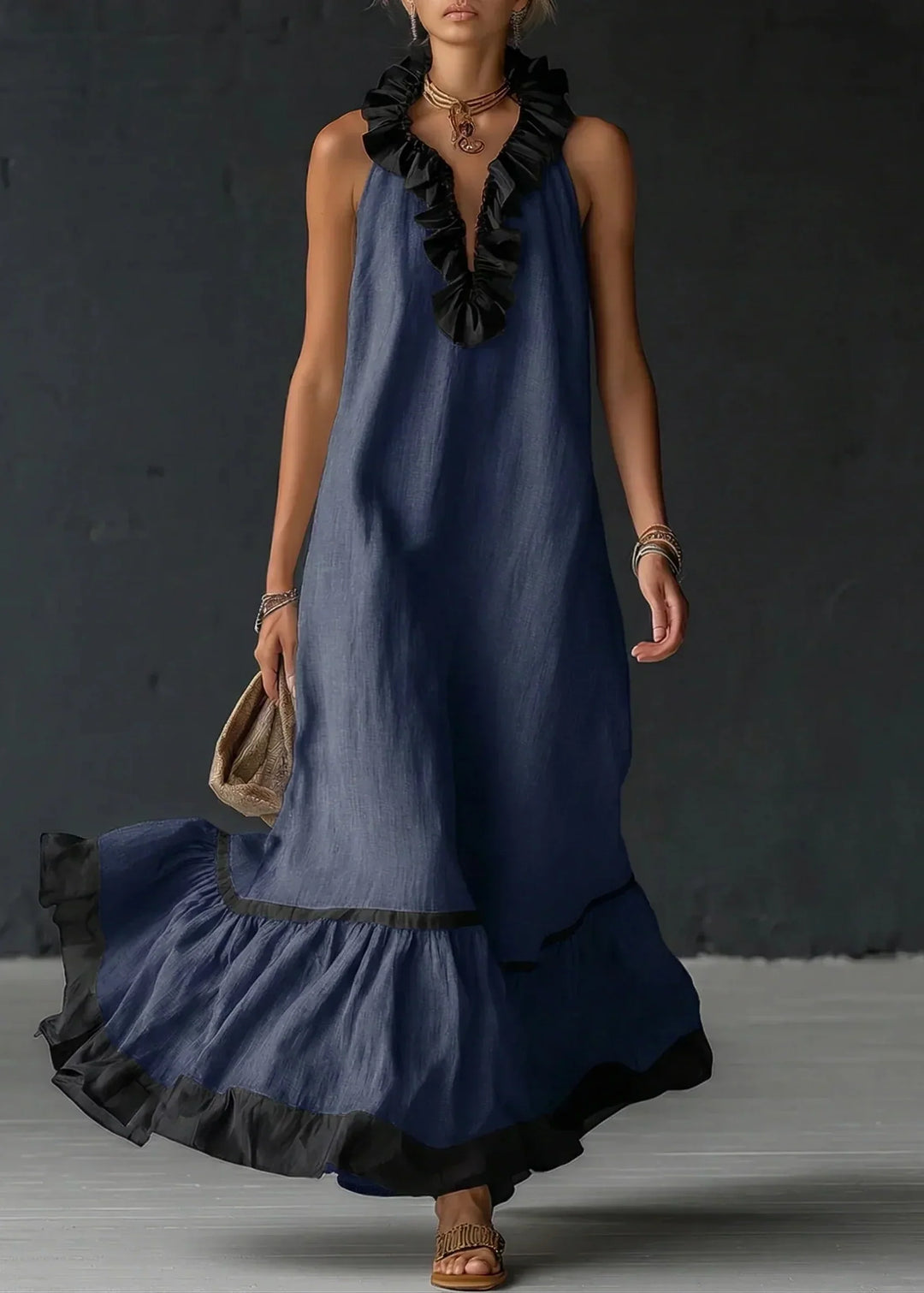 Brindave | Women's Linen Summer Maxi Dress Halter - Light Blue - Image 8