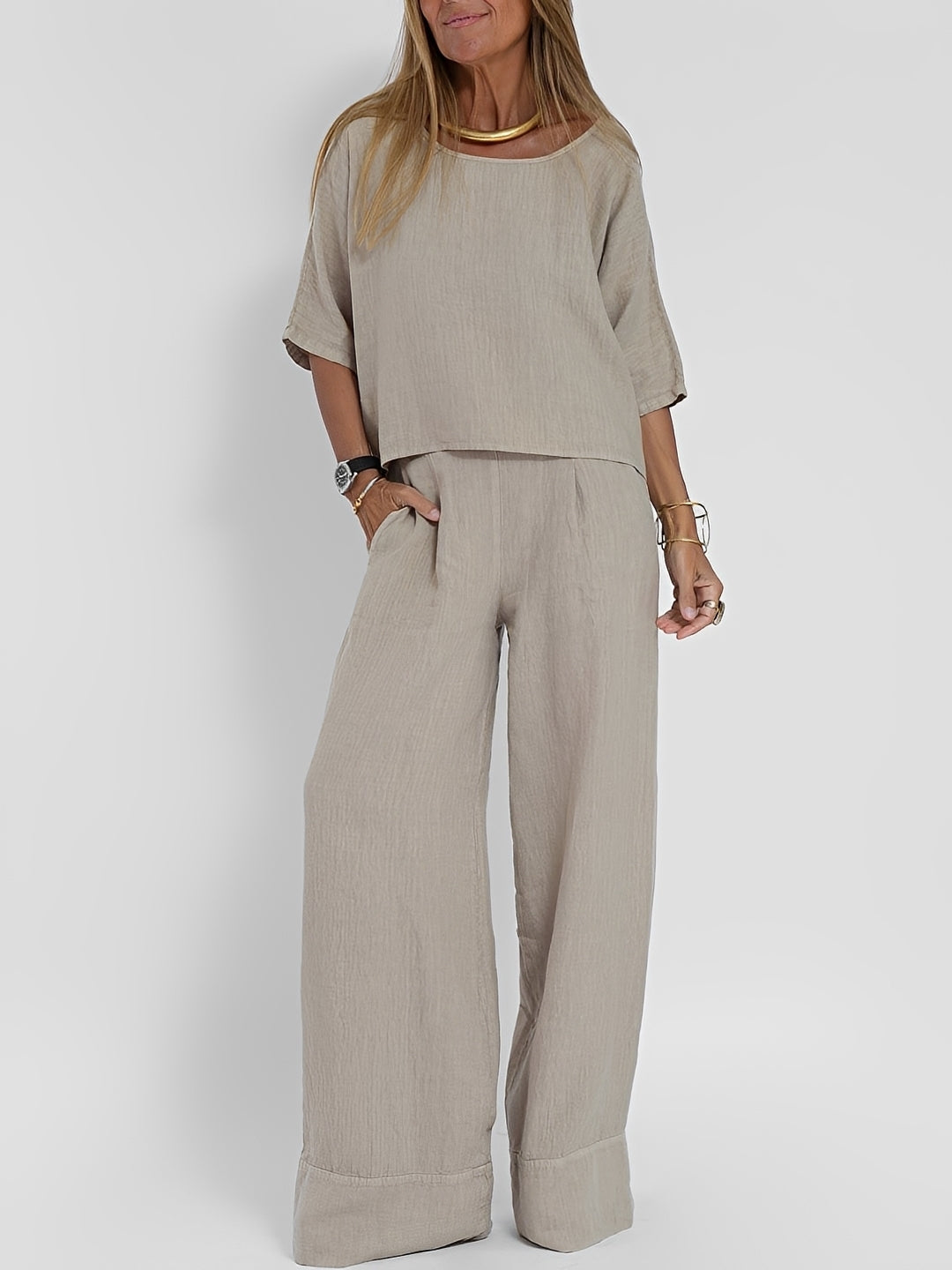 Brindelle | Women's Linen Two-Piece Set Wide Leg - Taupe - Image 1