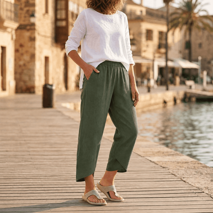 Brindis | Women's Wide Leg Cropped Linen Pants - Beige - Image 13